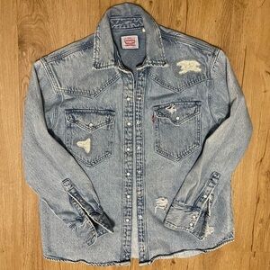 Levi's Light Blue Distressed Denim Shirt. Heavy denim/ worn as light jacket.